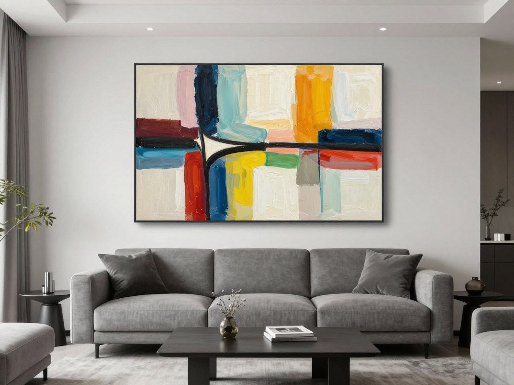 Large abstract wall art in modern living room with neutral furniture