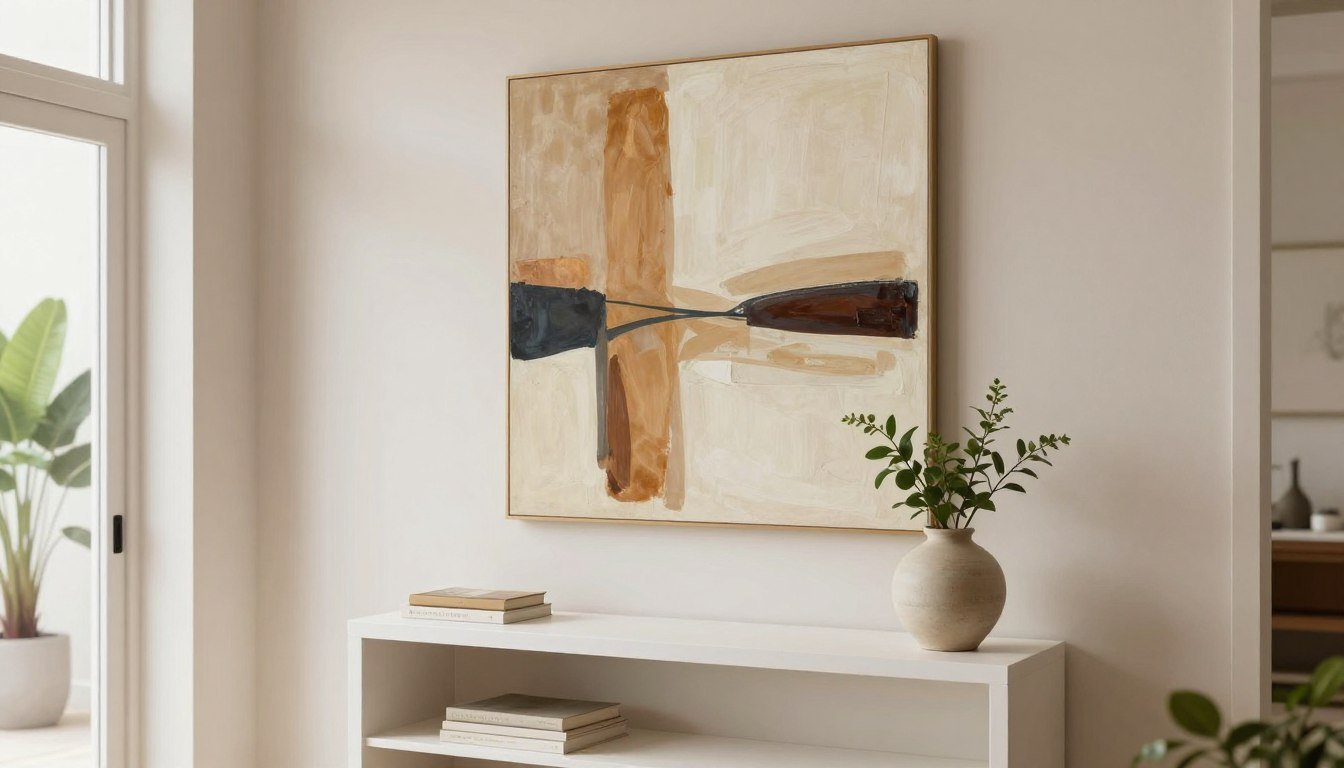 welcoming entryway with large abstract canvas print above console table