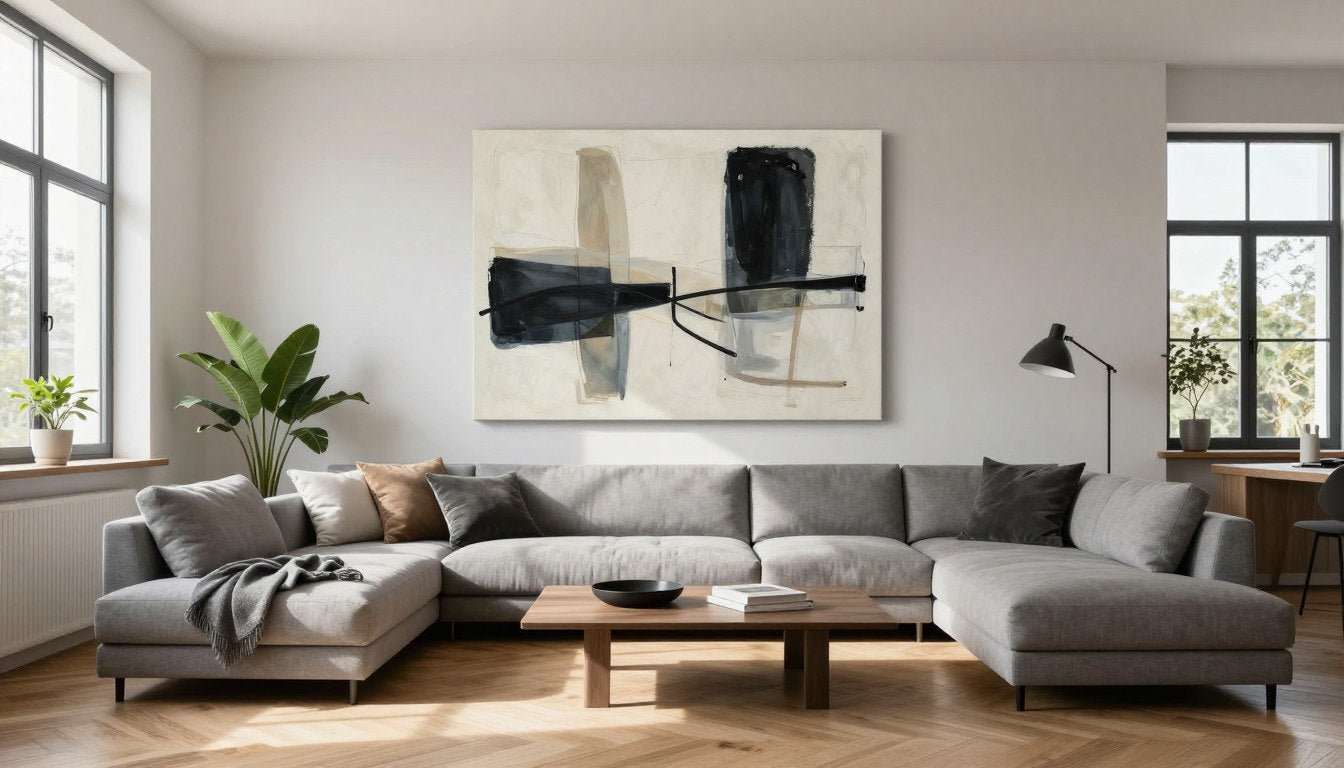 exclusieve wanddecoratie woonkamer met modern schilderij boven bank