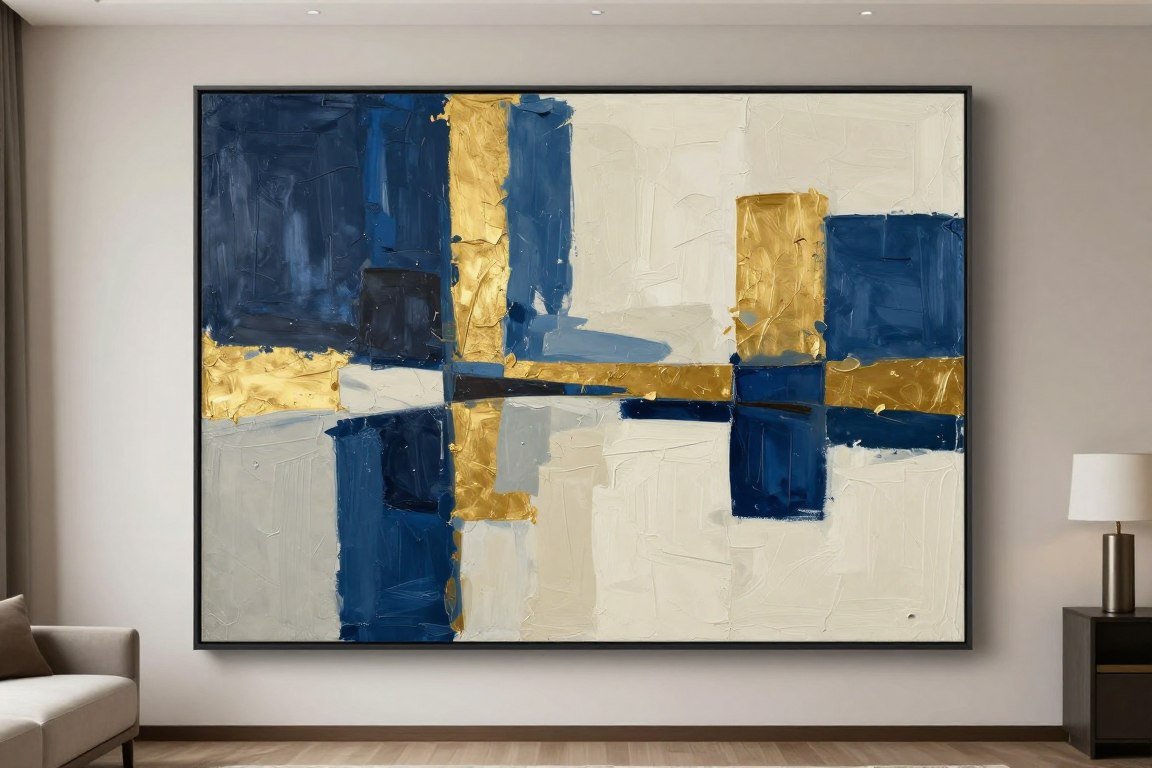 Extra large abstract canvas wall art with bold geometric patterns in living room setting