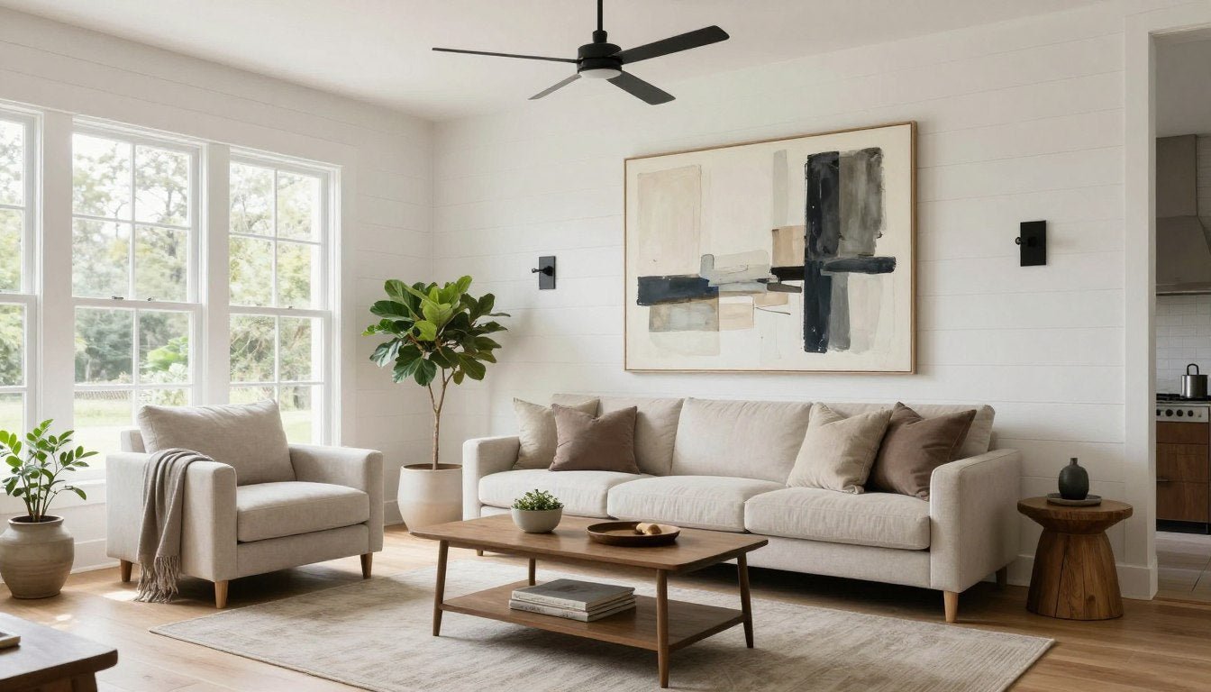 Modern farmhouse living room with clean lines and contemporary art