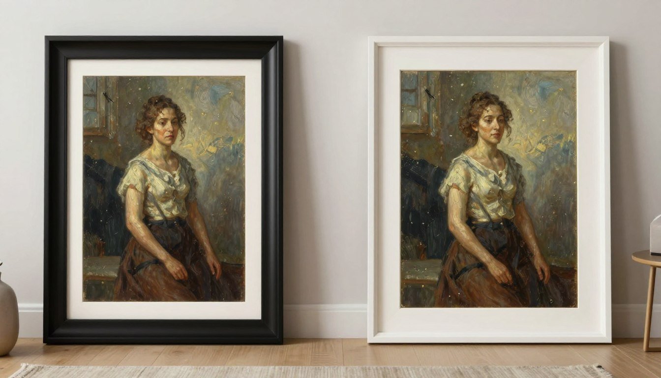 Comparison of framed vs unframed oil painting on canvas showing the visual difference