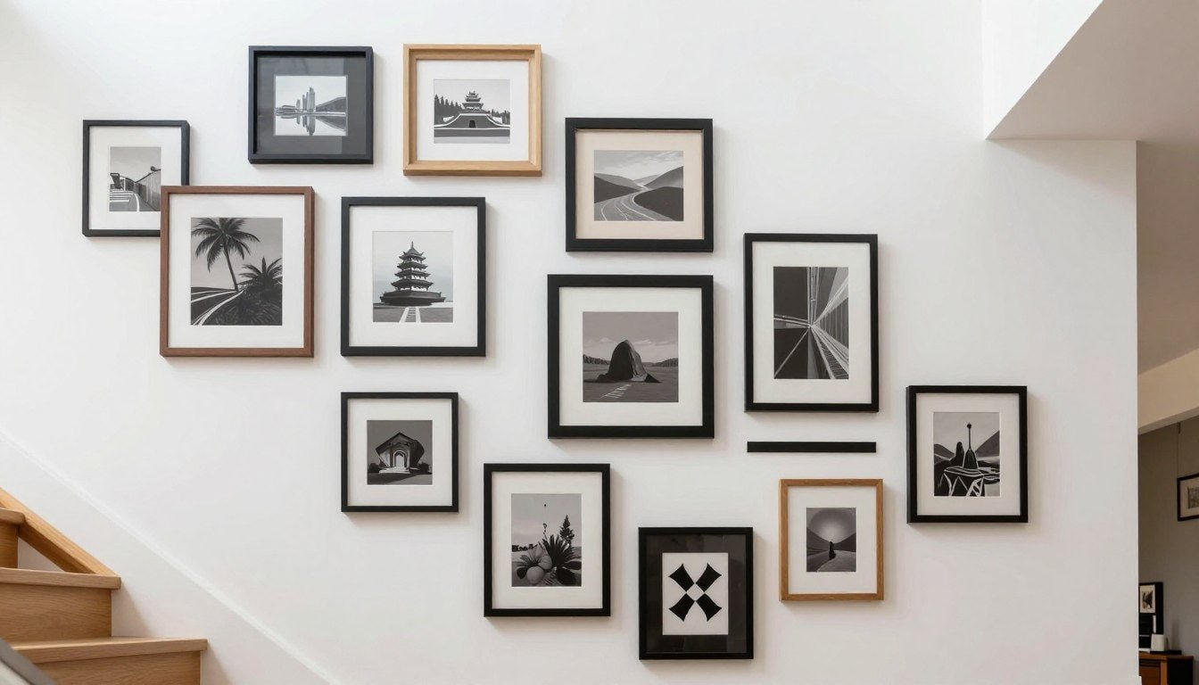 gallery wall ideas stairs showing diagonal arrangement along staircase
