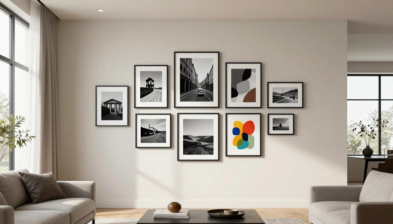 beautiful gallery wall arrangement in modern living room with mixed frames