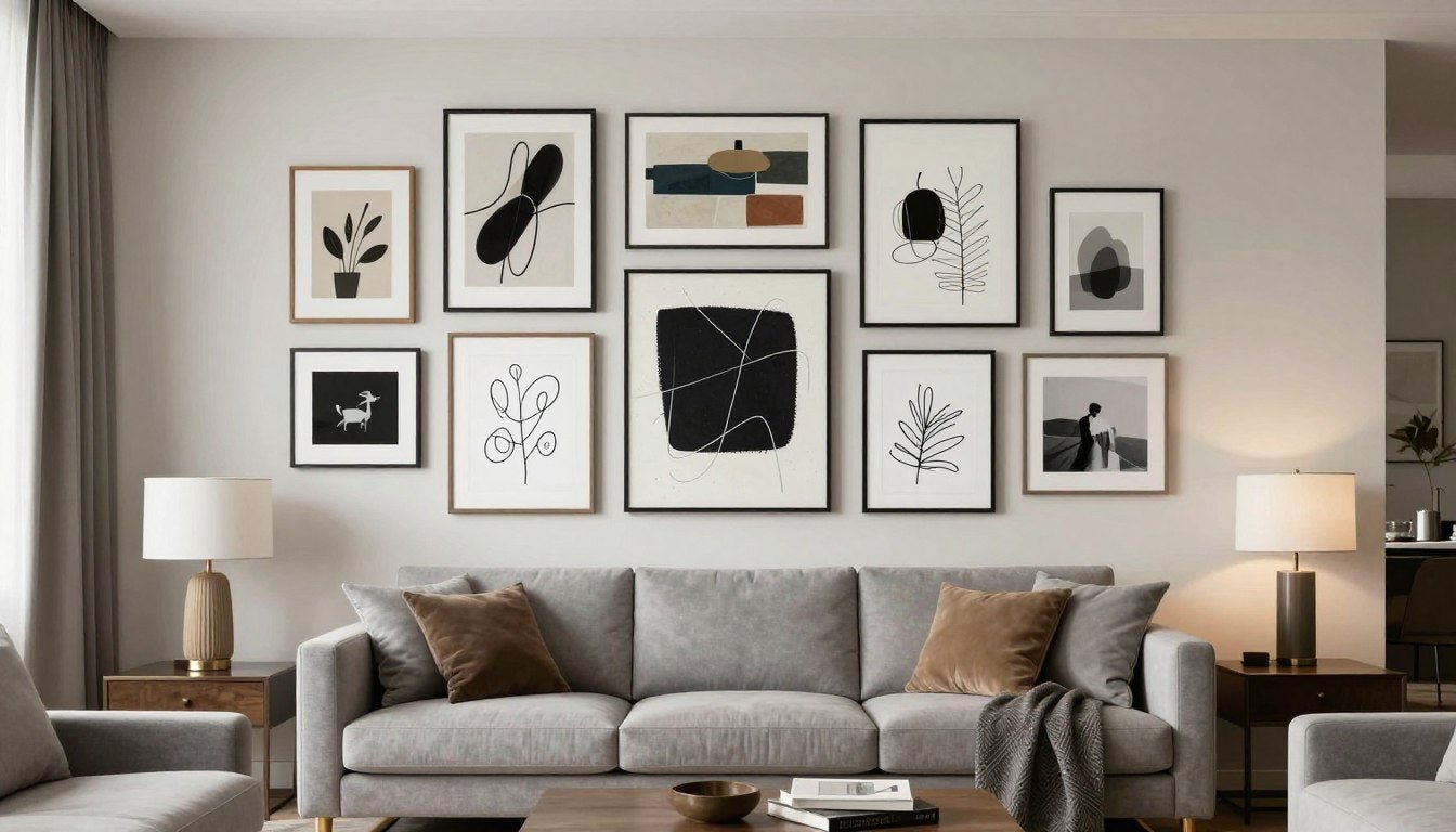 Modern living room with eclectic gallery wall featuring mixed art styles and frame sizes