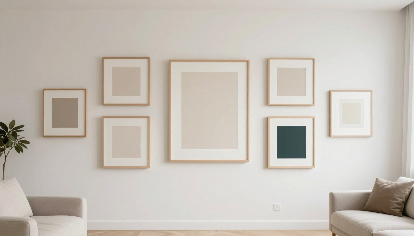 Gallery wall with curated arrangement showing the 2026 trend of fewer, more intentional pieces with consistent spacing
