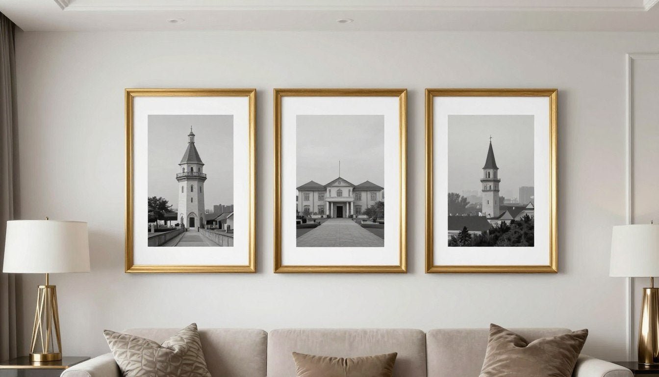 Elegant living room with gold metallic accents in frames and decor