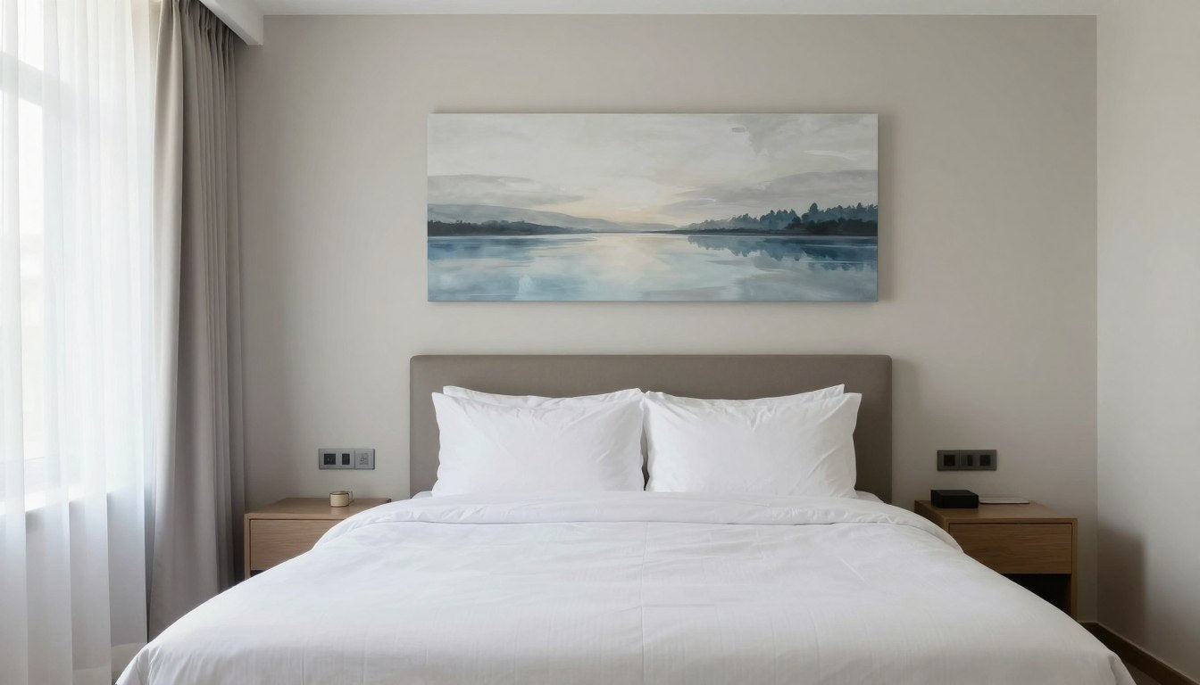 Serene guest bedroom with neutral wall art above bed creating a calm atmosphere