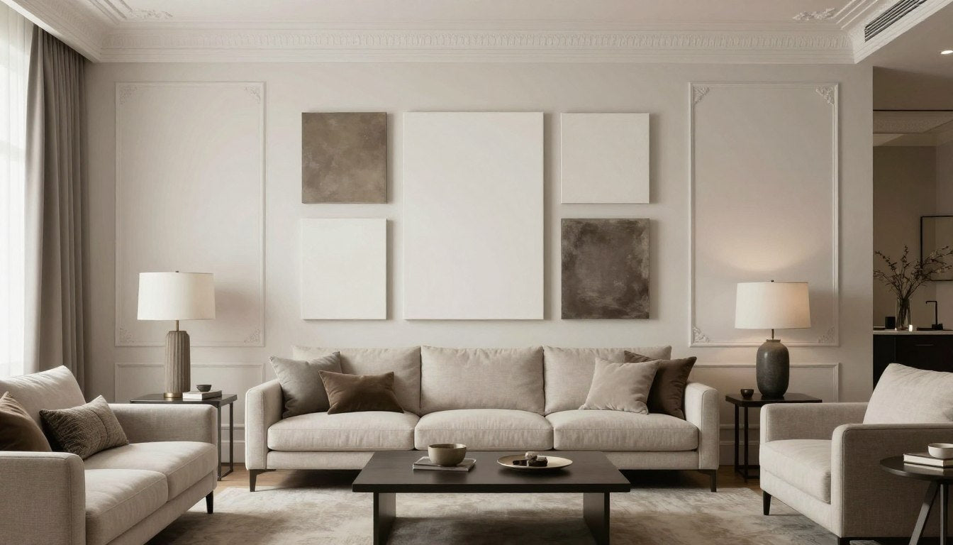 Différentes tailles de toile disposées dans un salon élégant montrant l'impact des dimensions