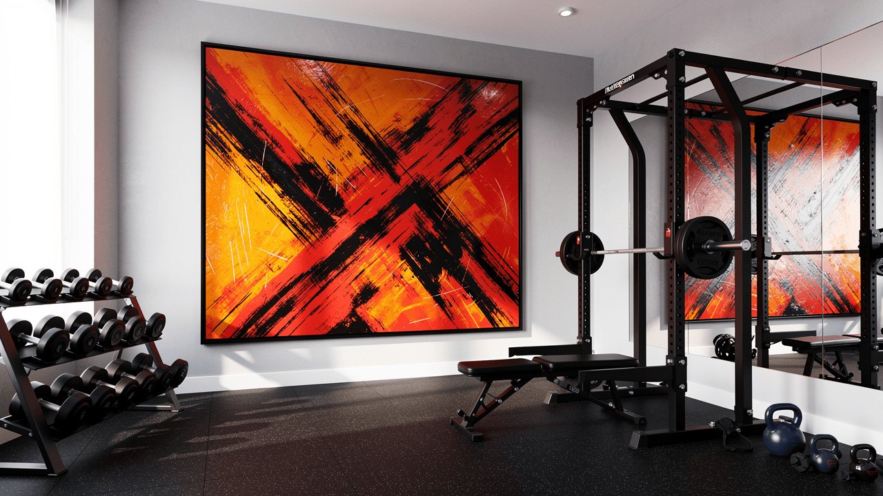 Bold, energetic abstract canvas art in a modern home gym