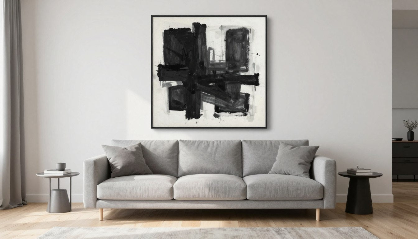 Modern living room featuring abstract wall art in neutral tones above a minimalist sofa