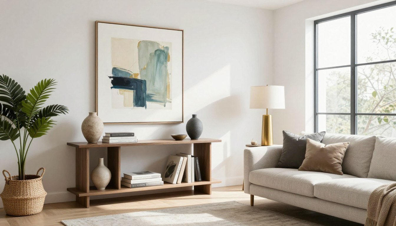 modern home decoration items displayed in a bright living room with neutral tones