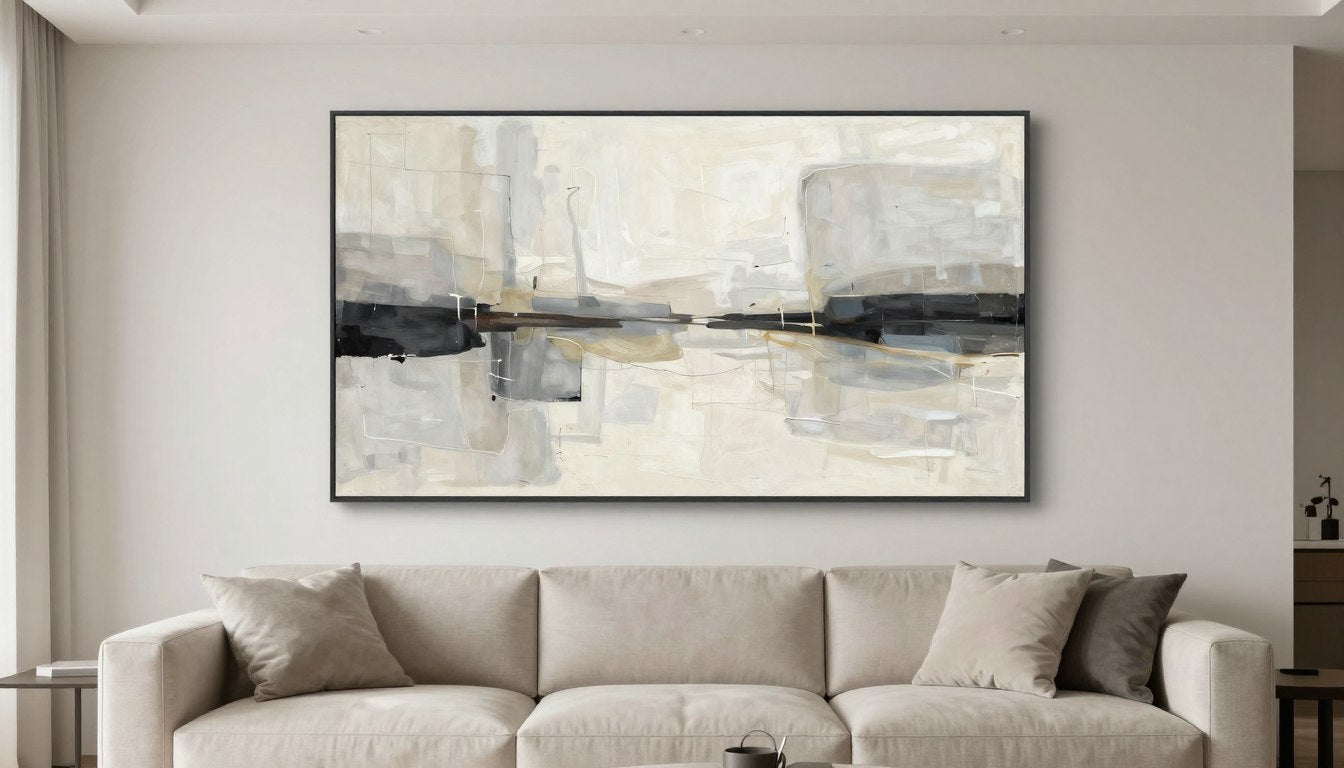 Modern abstract minimalist canvas print above sofa in neutral living room demonstrating the 2/3 rule