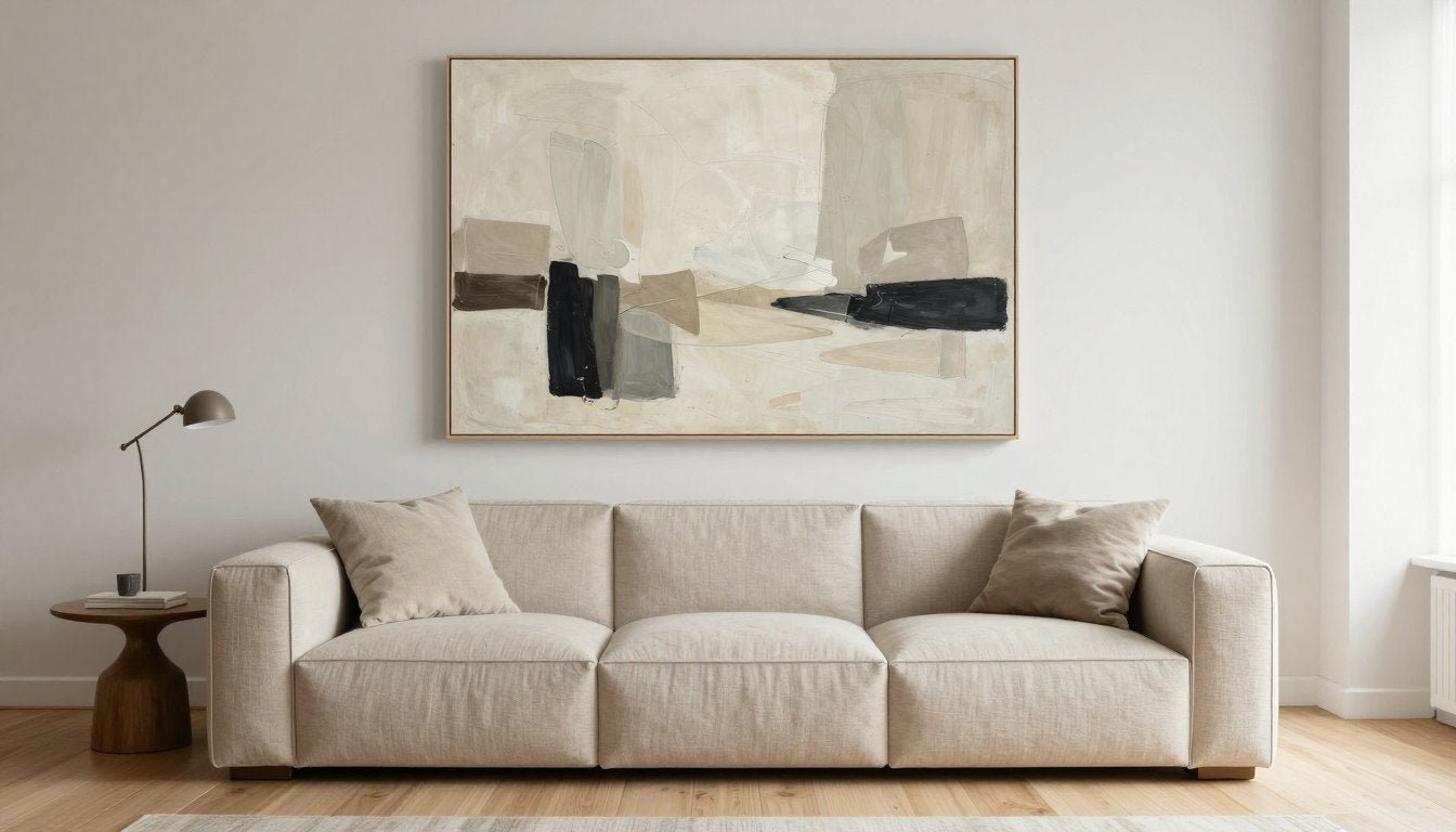 Modern living room wall with abstract canvas prints above neutral sofa