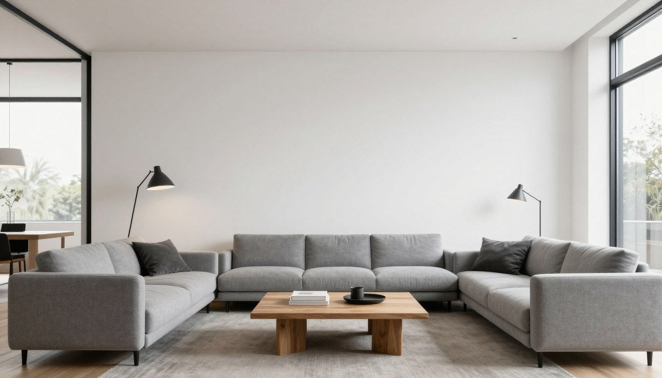 Large blank living room wall with minimal furniture awaiting decoration