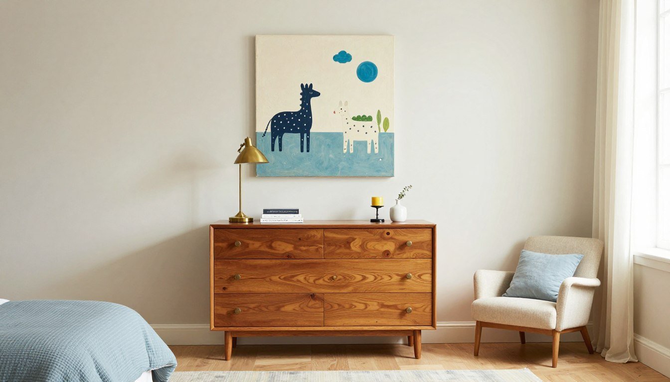 Child's bedroom with curated vintage decor showing cohesive color scheme and theme
