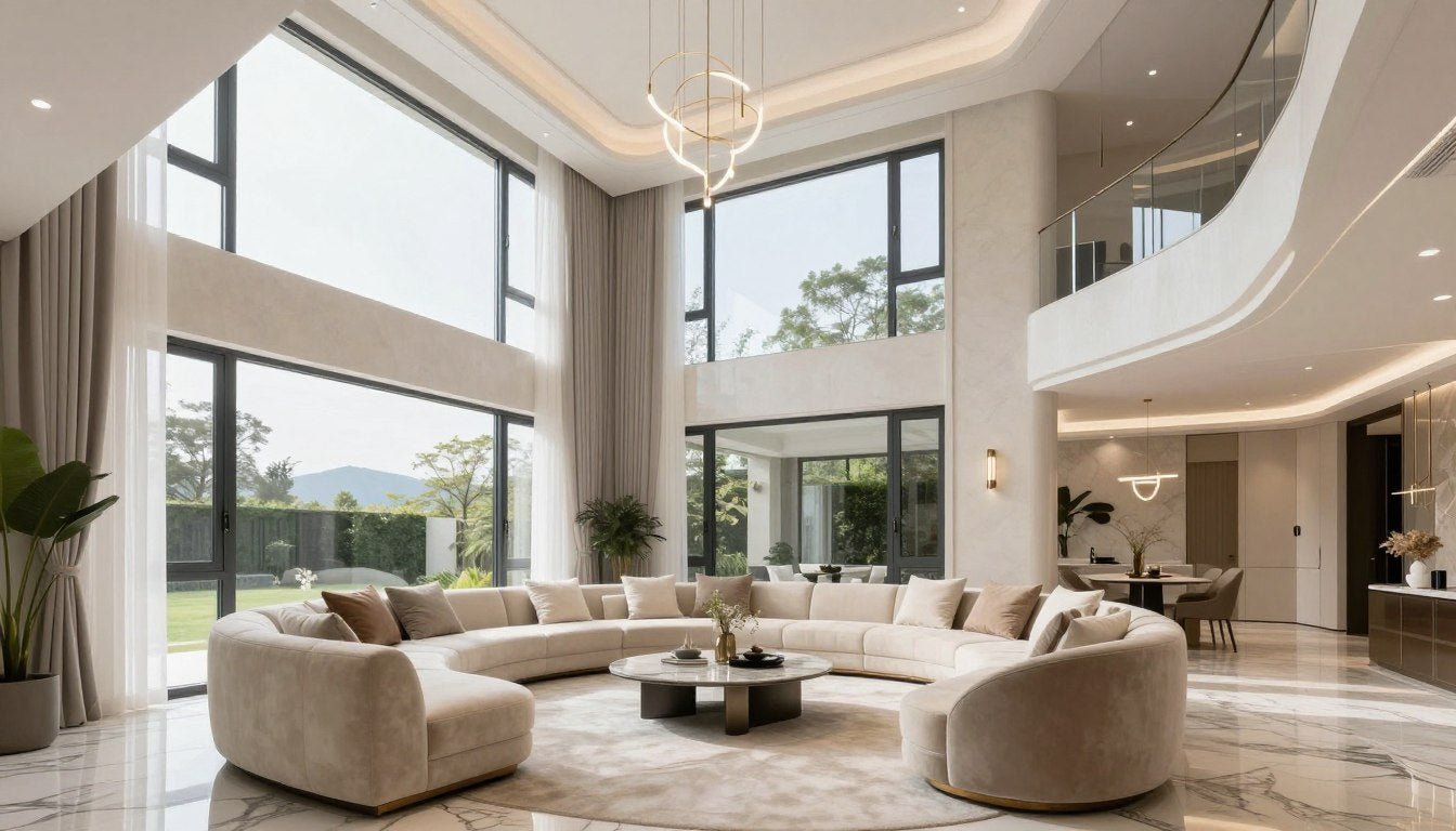Luxury villa interior design with high ceilings and natural light