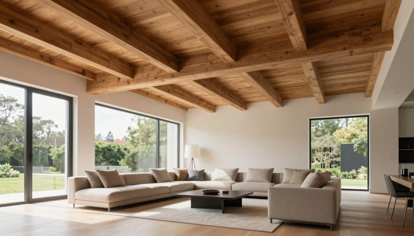 Modern living room showcasing how to work with architectural features in room design with exposed beams and columns