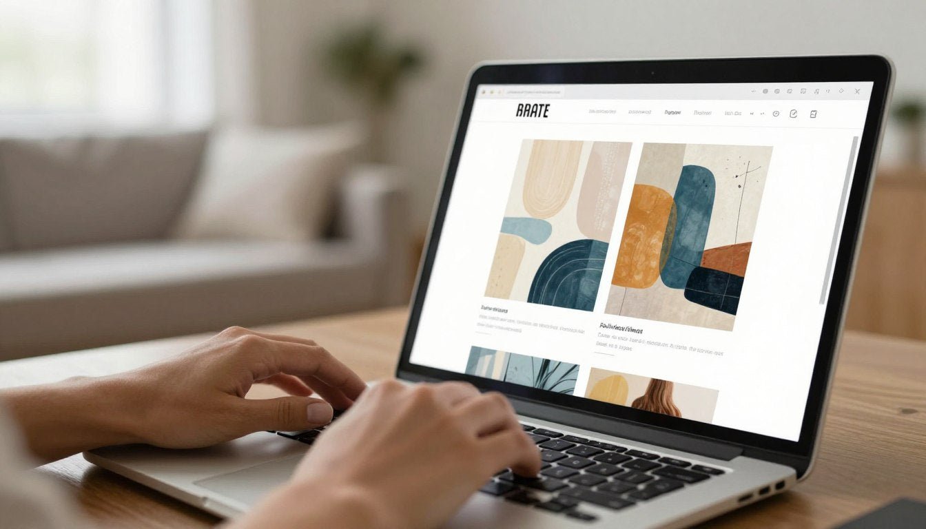 Person browsing abstract canvas prints online on laptop in modern home setting