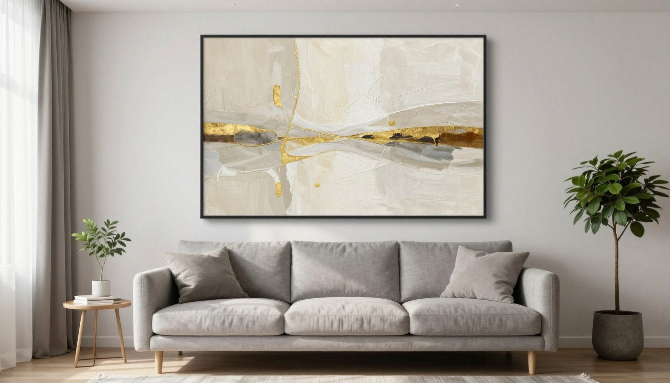 Modern living room with large framed abstract canvas art above a gray sofa