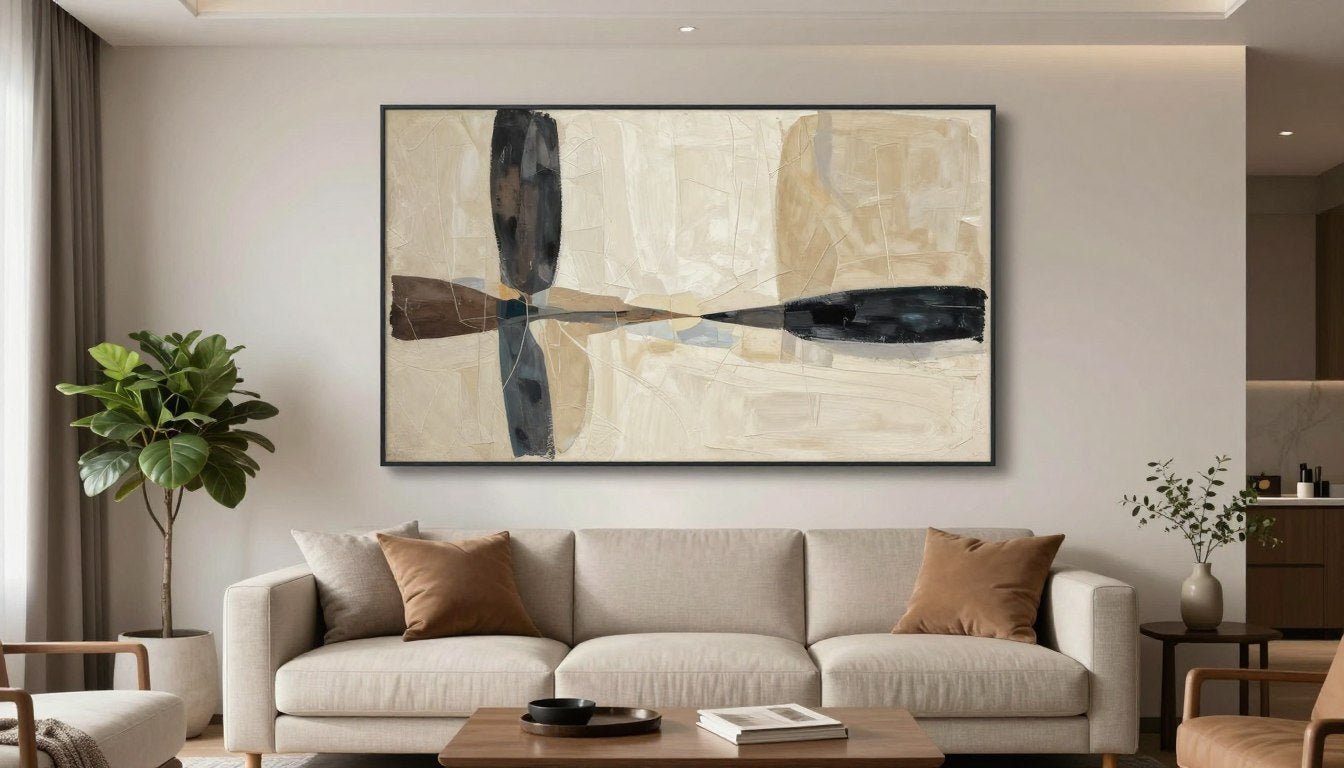 Modern living room with large abstract canvas print above sofa