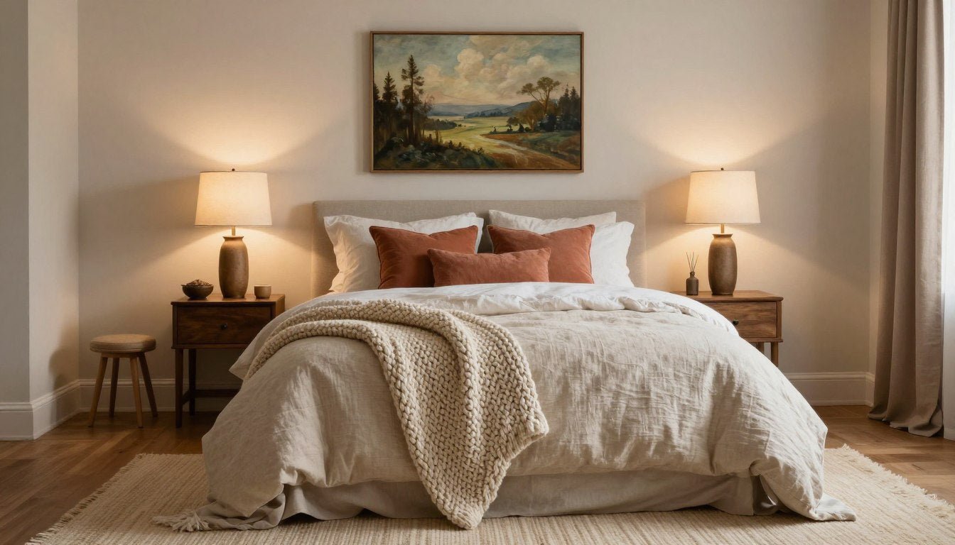 Cozy bedroom with warm lighting, layered textures, and calm color palette