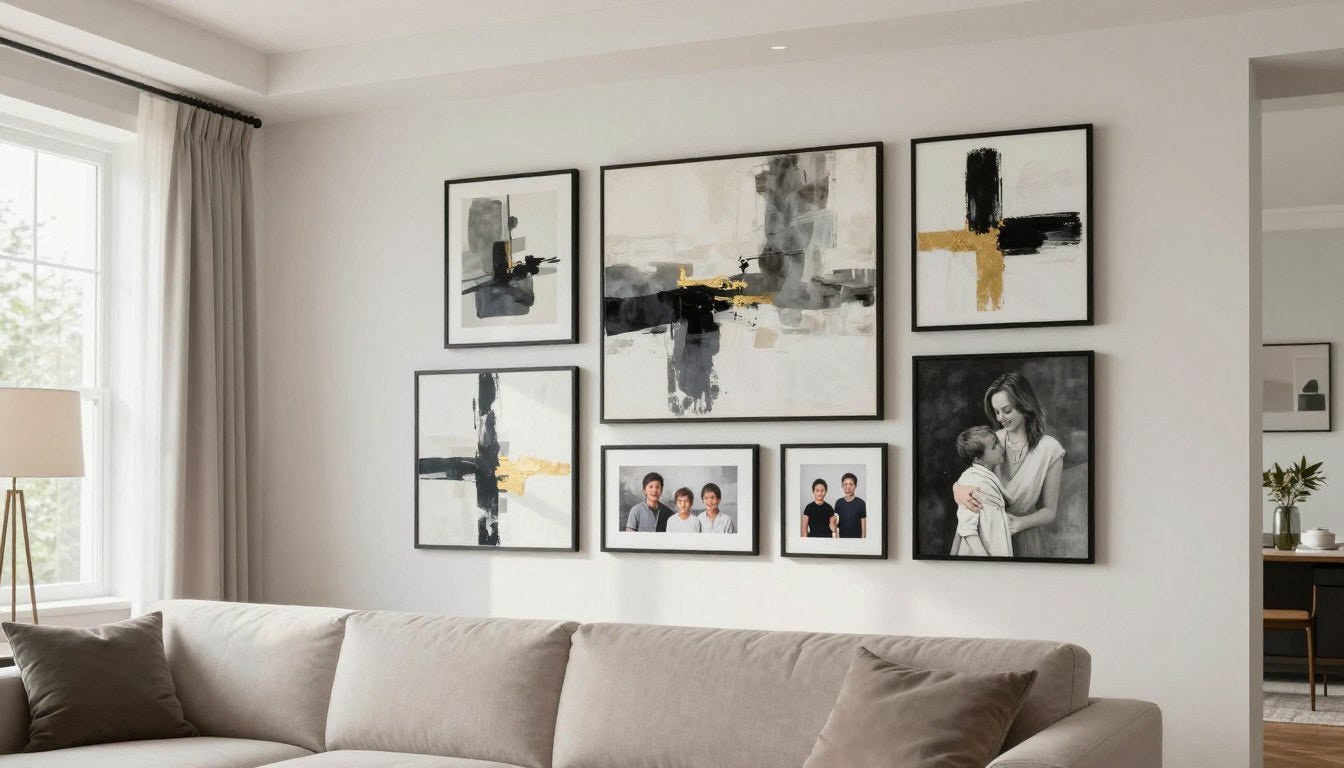 Modern living room with curated gallery wall featuring abstract canvas prints and family photos