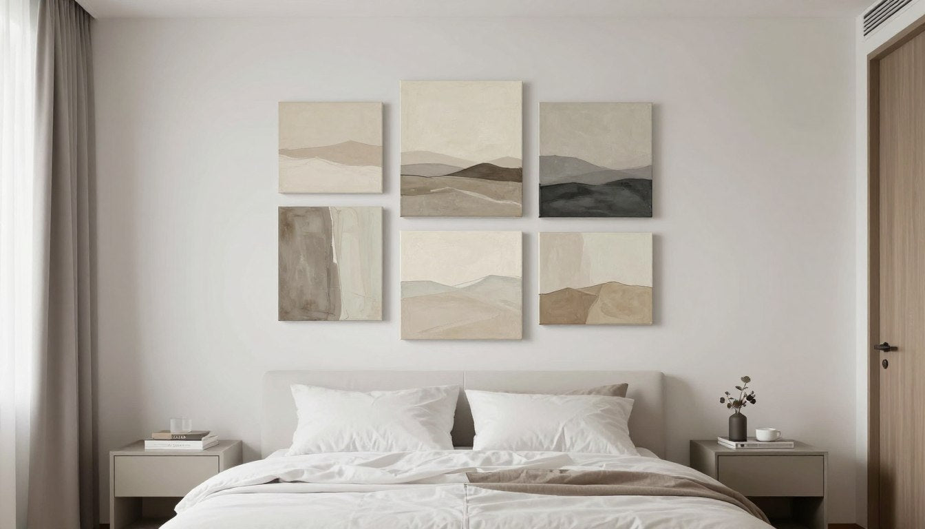 gallery wall above bed in modern bedroom with multiple framed art pieces