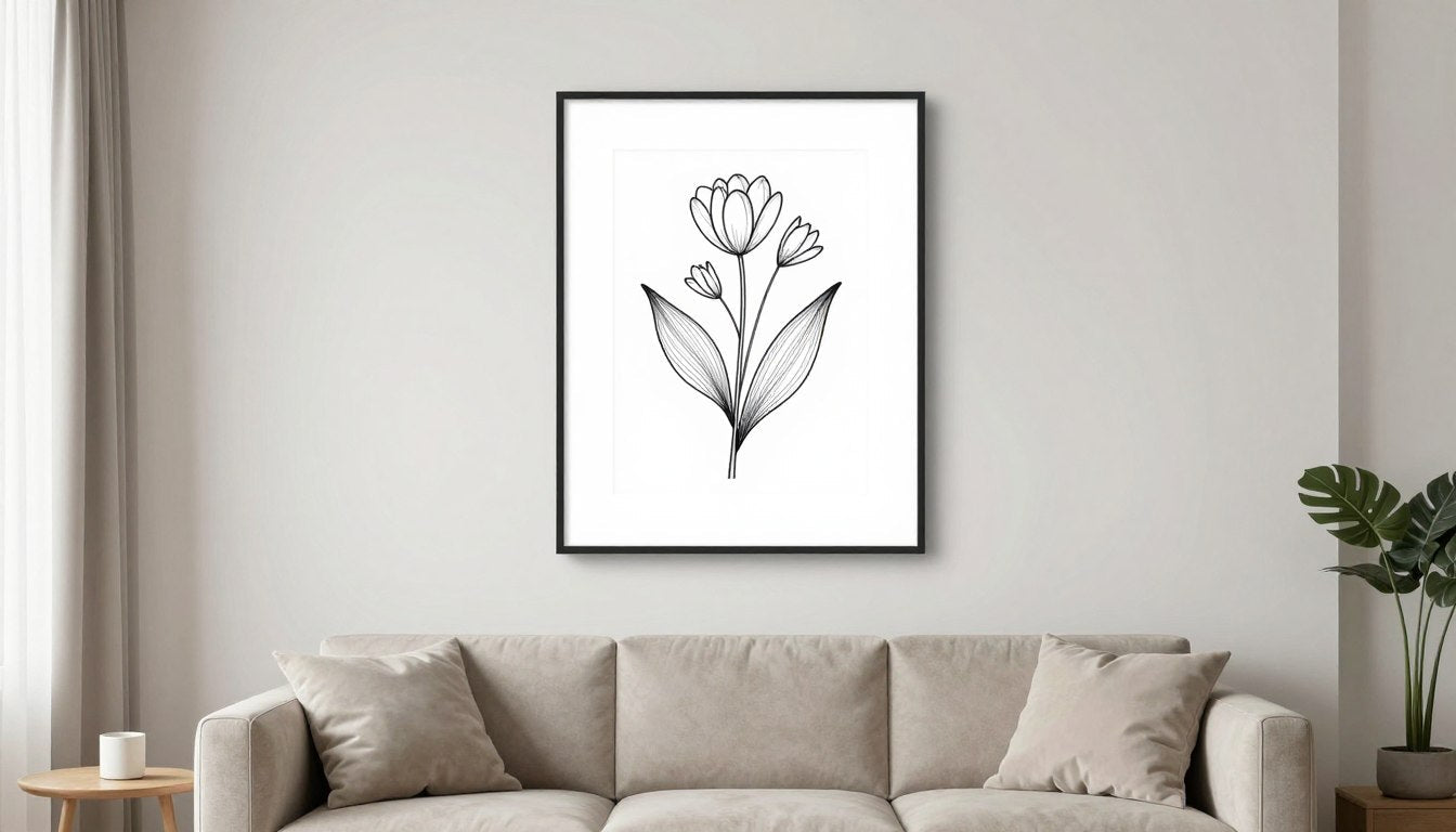 minimalist small wall decorated with single piece of line art canvas print in modern living room