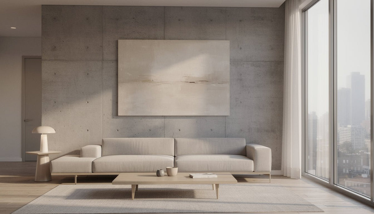 How to hang pictures on concrete walls: large neutral canvas on a concrete wall in a Toronto condo
