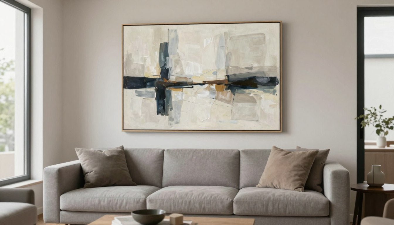 Modern living room with properly hung canvas art above sofa