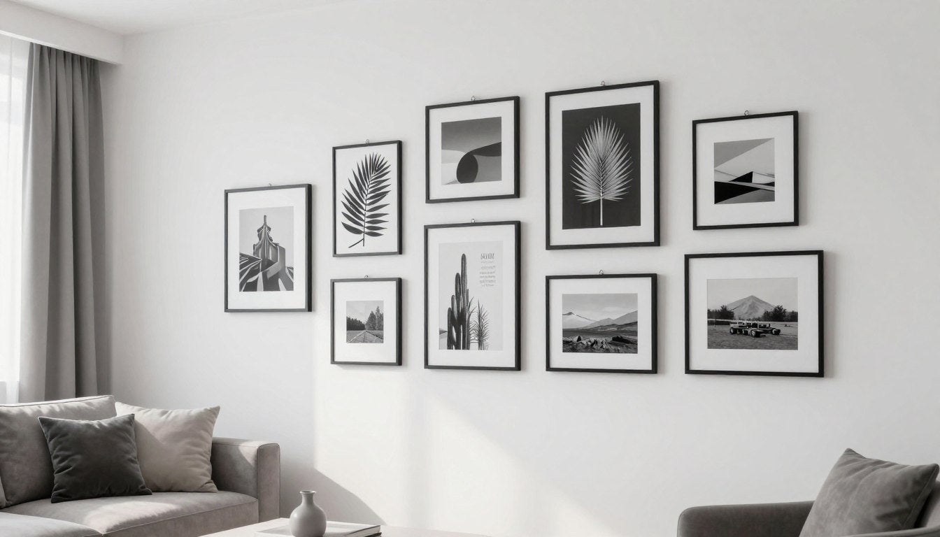 Modern living room with wall art hung using damage-free methods, showing various canvas prints and frames on white walls