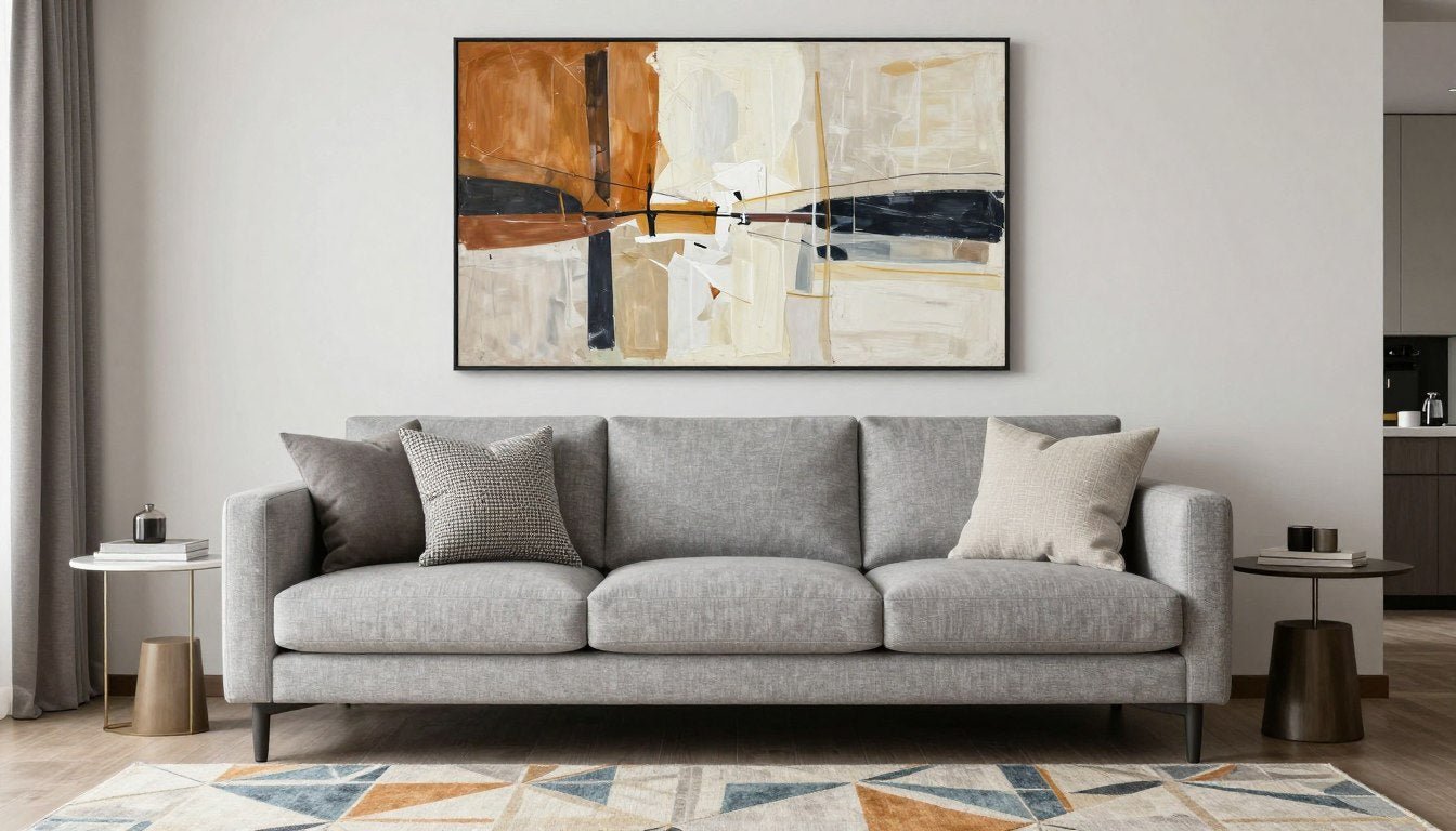 Modern living room with coordinated art, grey sofa, and patterned rug