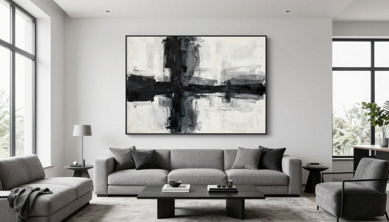 Modern living room featuring black and white wall art above a minimalist sofa