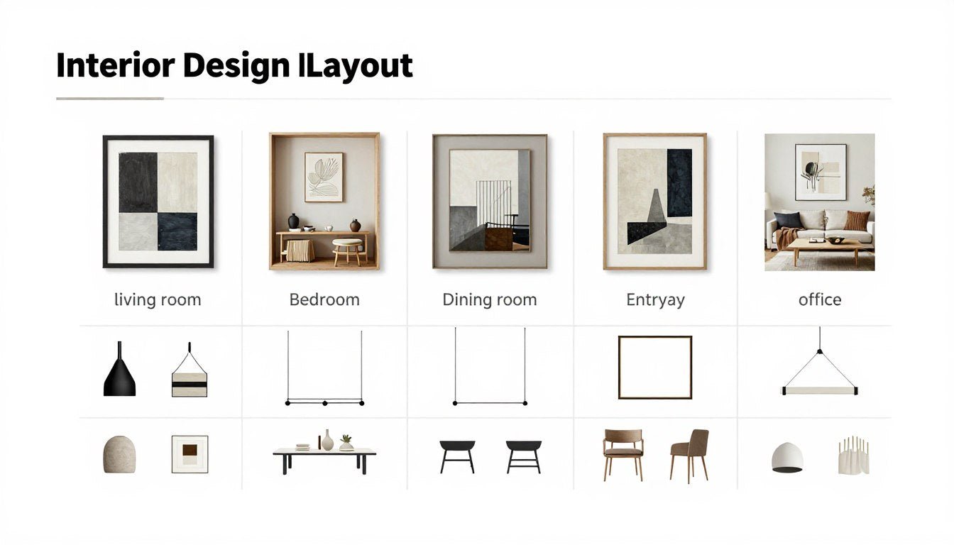 Wall art layout cheat sheet showing different room layouts with ideas for decorating the house modern wall art layout guide