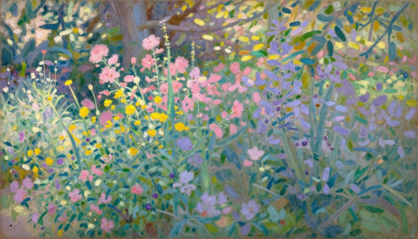 impressionist painting showing vibrant light effects on a garden scene