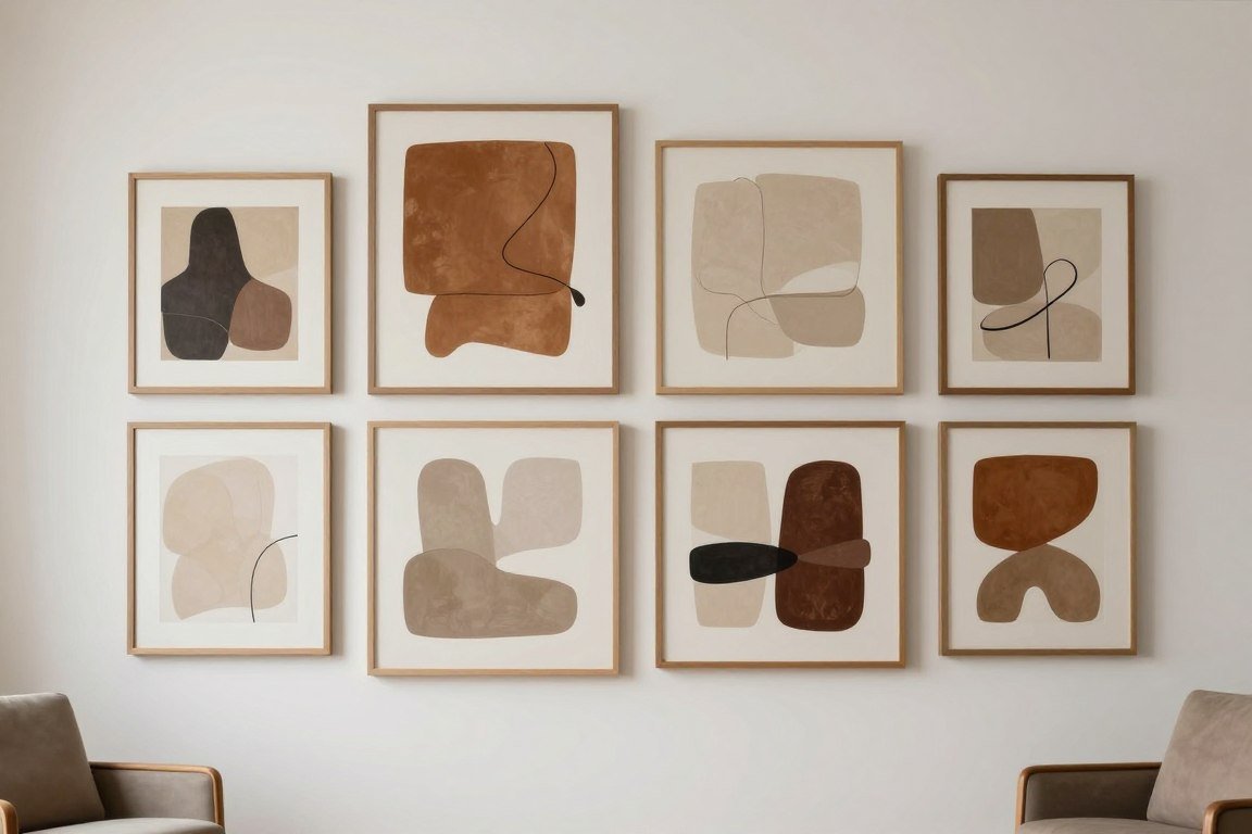 Gallery wall featuring rich neutral abstract art pieces in various sizes with consistent wooden frames