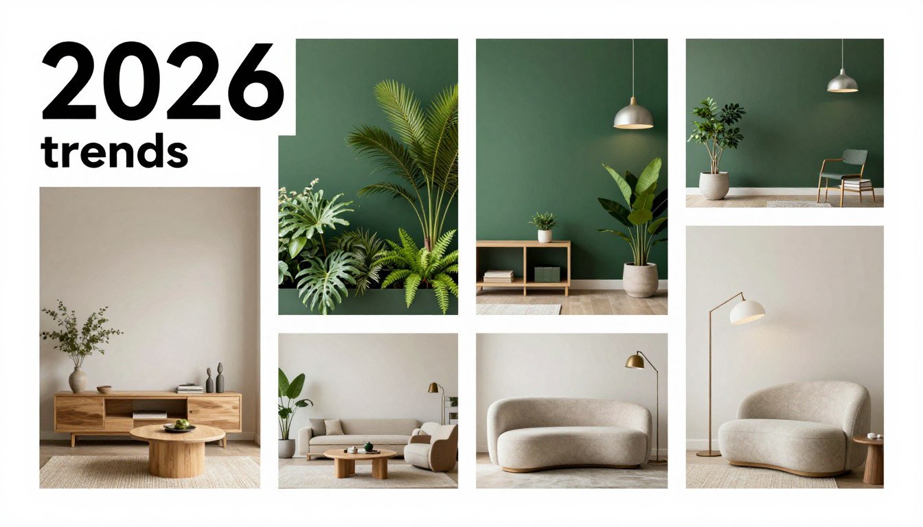 2026 interior decorating trends collage showing color drenching, biophilic elements, and japandi style