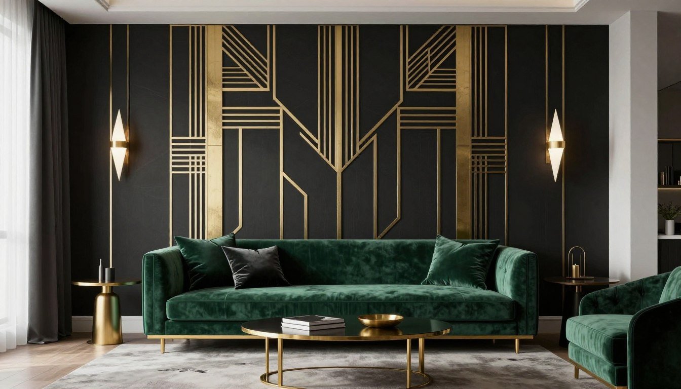 Modern Art Deco living room featuring geometric patterns, gold accents, and statement wall art