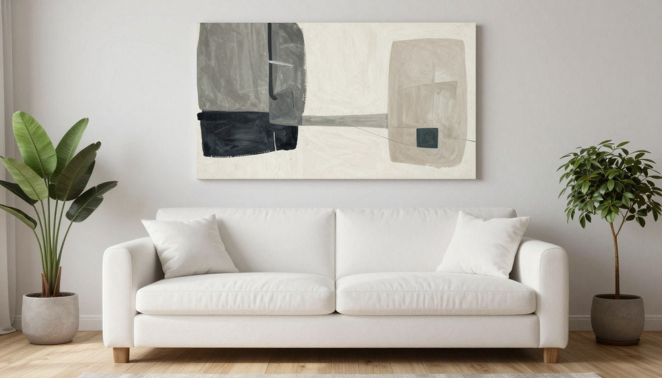 Iso canvas-taulu modernissa olohuoneessa valkoisen sohvan yläpuolella