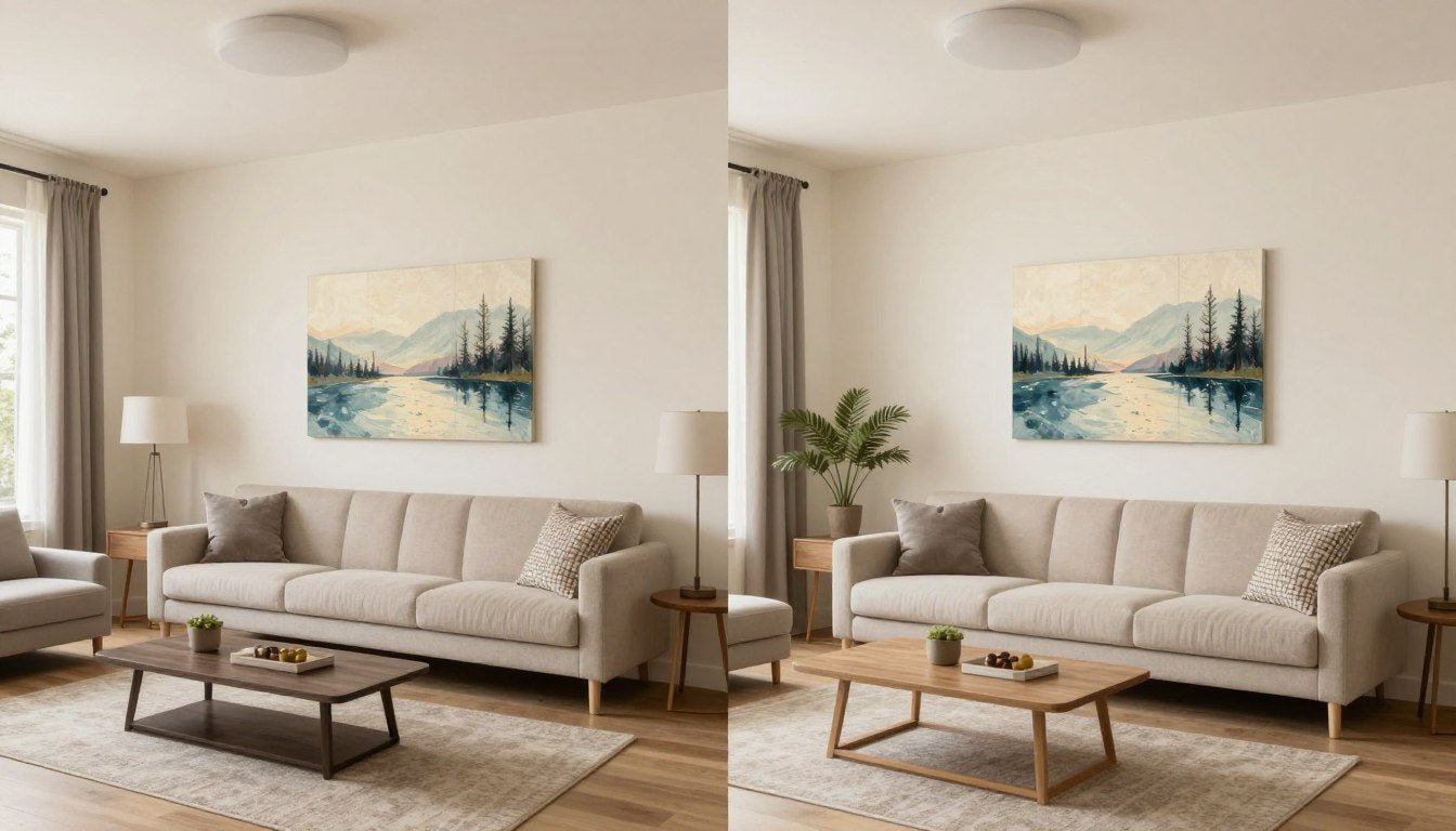 Ivory vs cream color comparison with wall art examples in modern living room