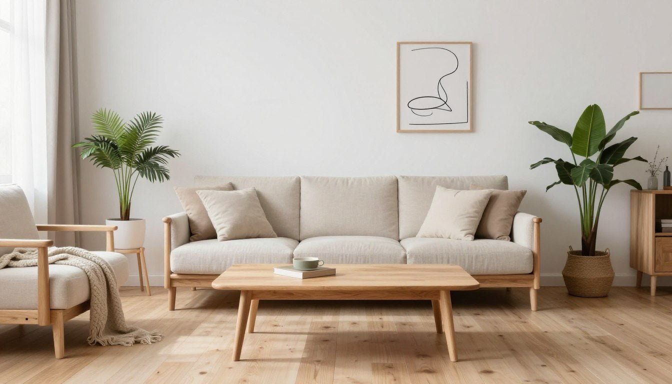 A Japandi style living room featuring natural materials, neutral colors, and minimal line art on the wall