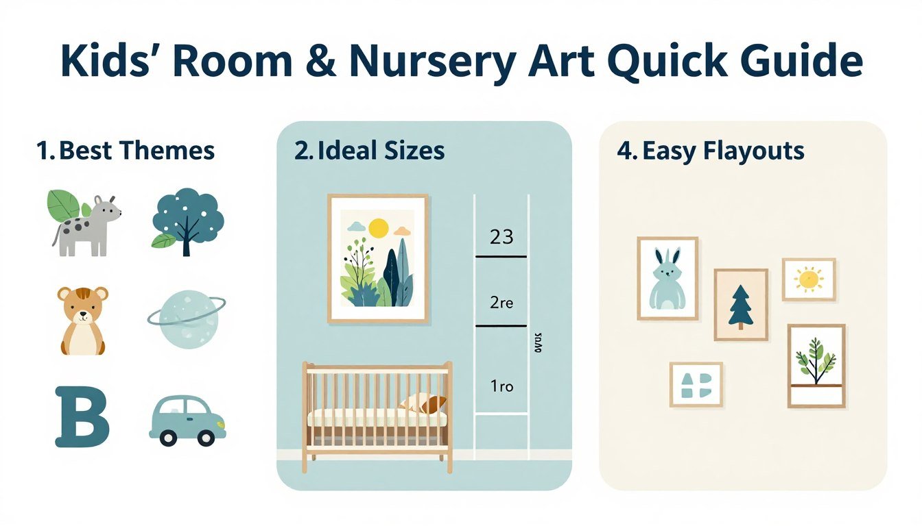 Infographic showing quick tips for Kids' Rooms & Nursery Art including best themes, sizes, and placement