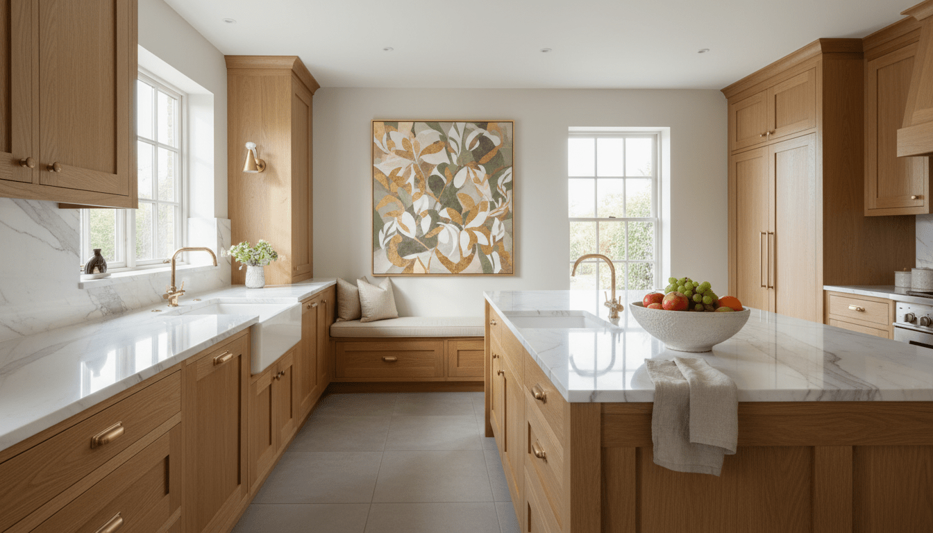 Kitchen wall art — botanical canvas print above breakfast nook in warm oak kitchen