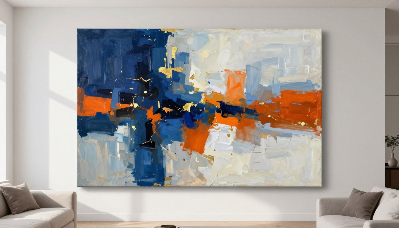 Large abstract canvas art dominating a modern living room wall with bold gestural brushstrokes