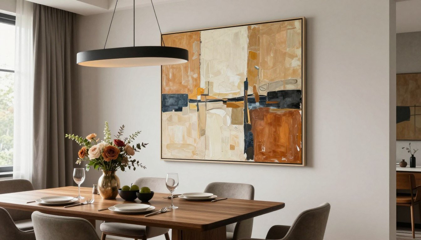 Large abstract canvas art displayed above dining table in modern dining room with warm lighting