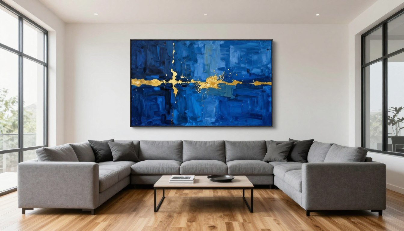 Large abstract canvas art dominating a modern living room wall above a gray sectional sofa