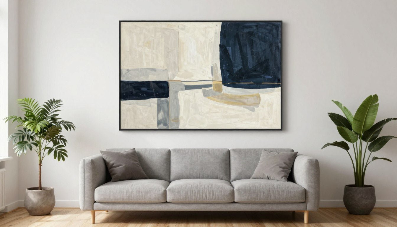 Hochwertiges Leinwandbild in modernem Wohnzimmer über grauem Sofa