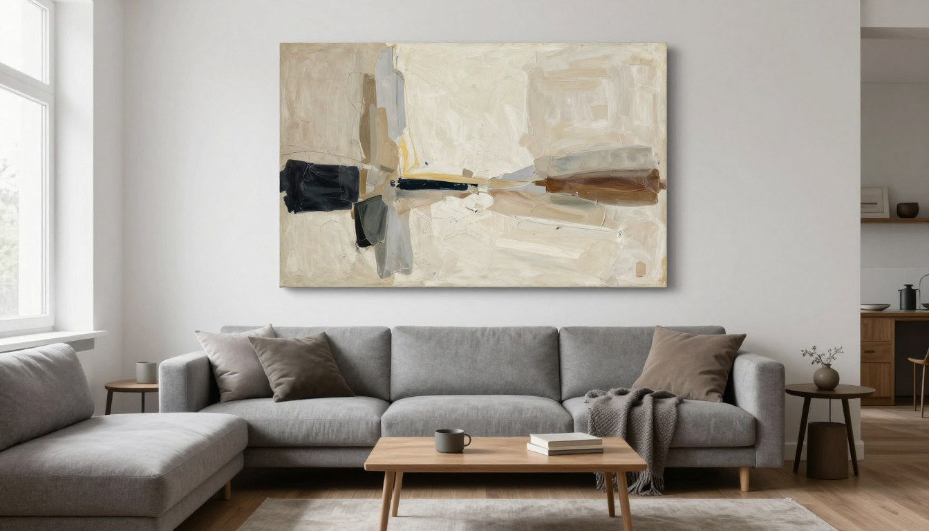 Modernes Wohnzimmer mit großformatigem abstraktem Leinwandbild über grauem Sofa