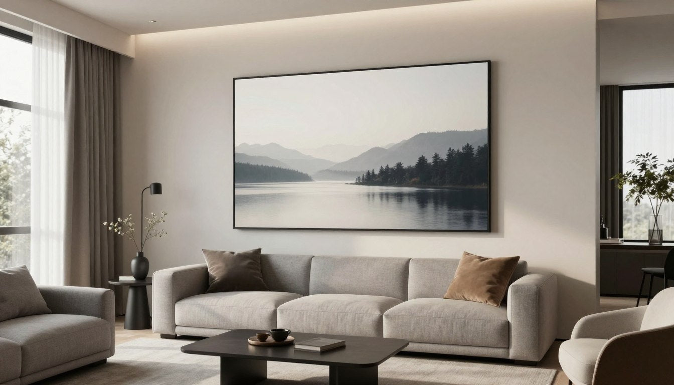 Modernes Wohnzimmer mit XXL Leinwandbild über dem Sofa